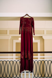 Burgundy Ao Dai | Vietnamese Bridal Dress with Embellishment (#PAPHOS) - Dream Dresses by P.M.N.