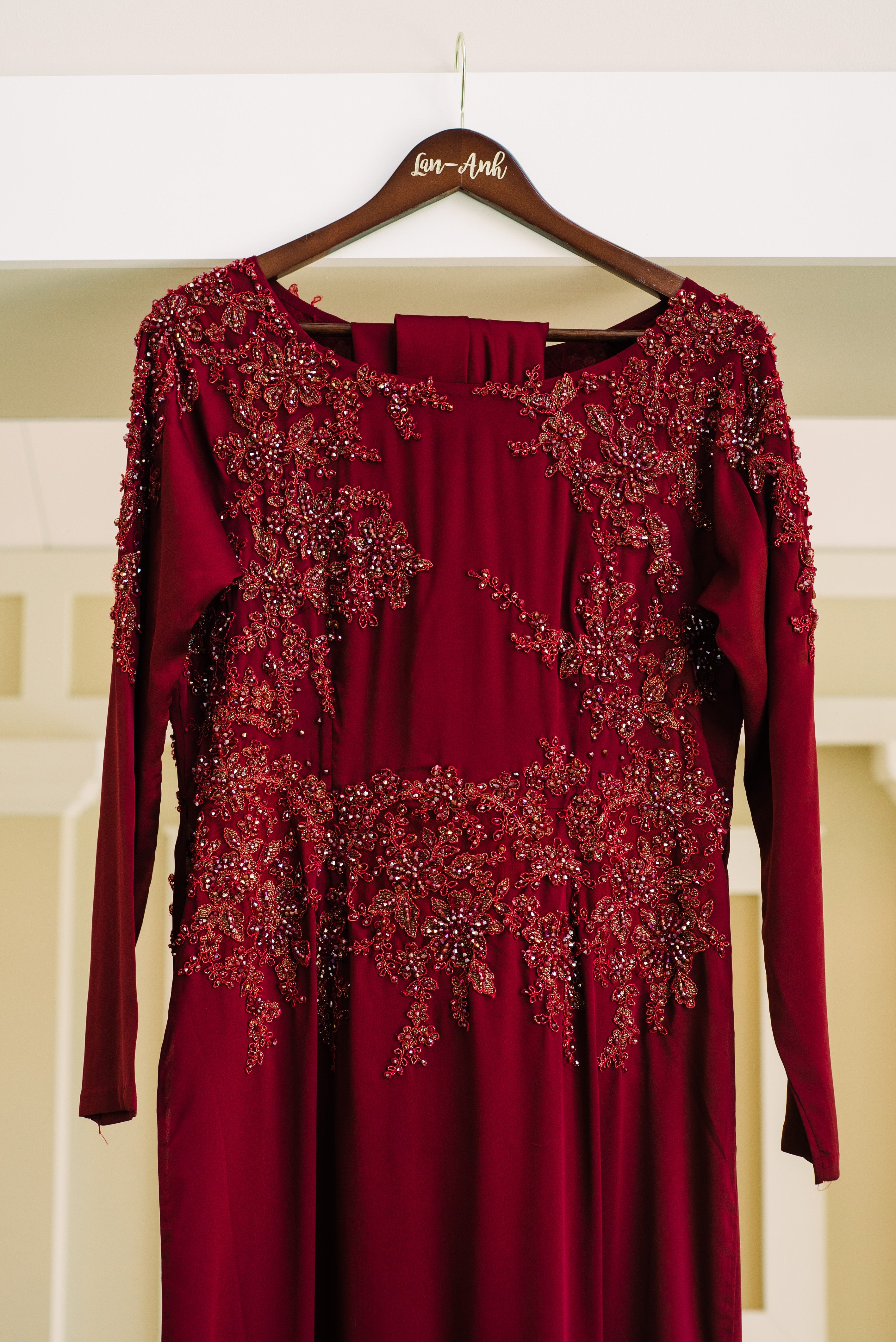 Burgundy Ao Dai | Vietnamese Bridal Dress with Embellishment (#PAPHOS)