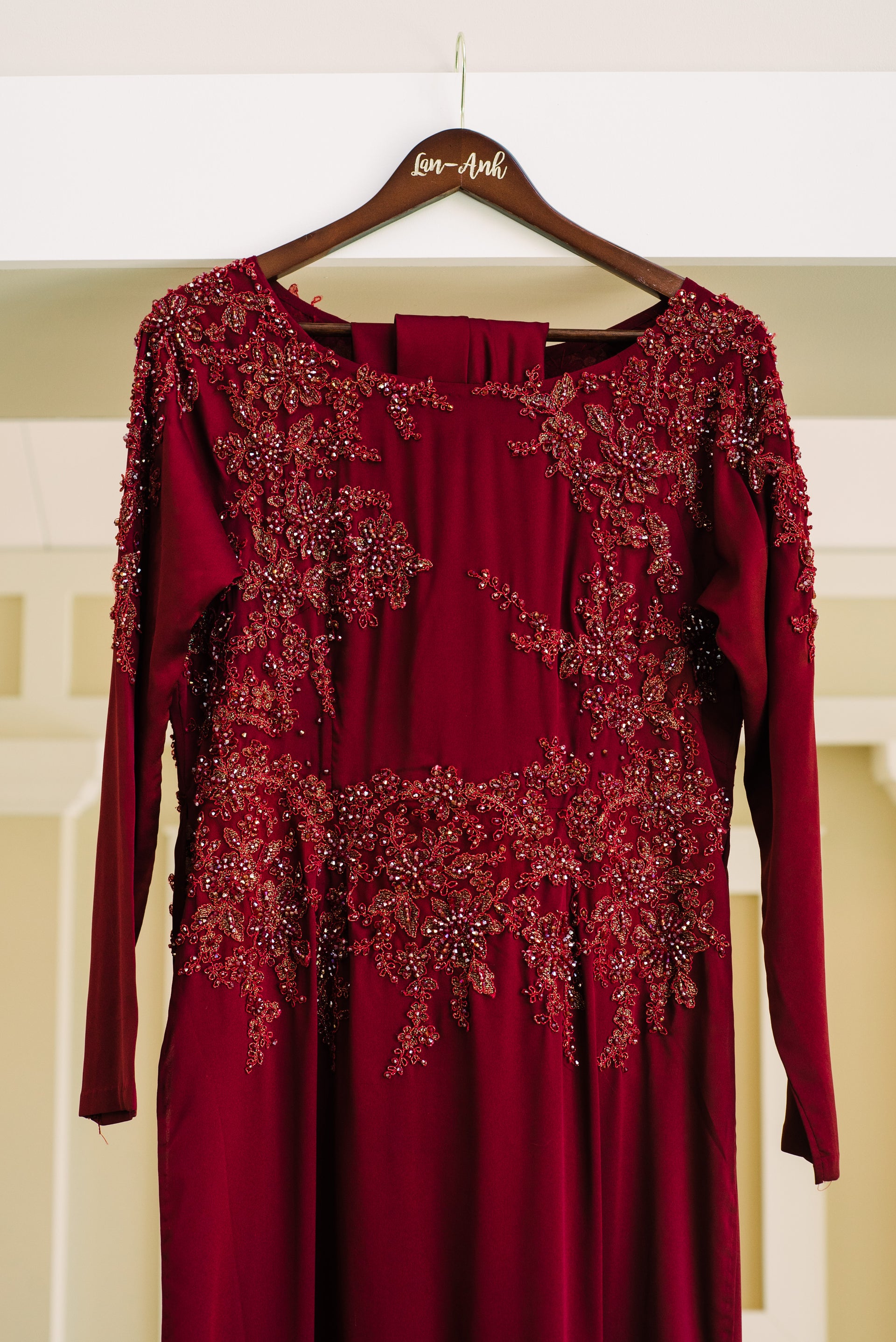 Burgundy Ao Dai | Vietnamese Bridal Dress with Embellishment (#PAPHOS) - Dream Dresses by P.M.N.