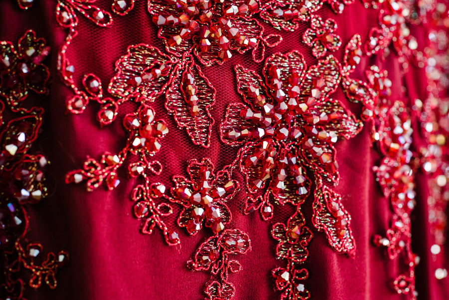 Burgundy Ao Dai | Vietnamese Bridal Dress with Embellishment (#PAPHOS) - Dream Dresses by P.M.N.