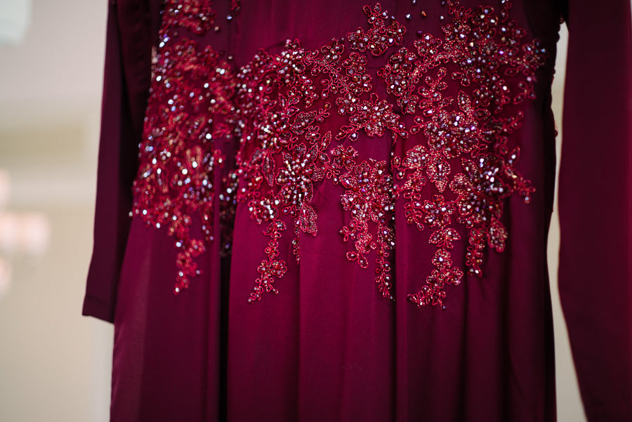 Burgundy Ao Dai | Vietnamese Bridal Dress with Embellishment (#PAPHOS) - Dream Dresses by P.M.N.
