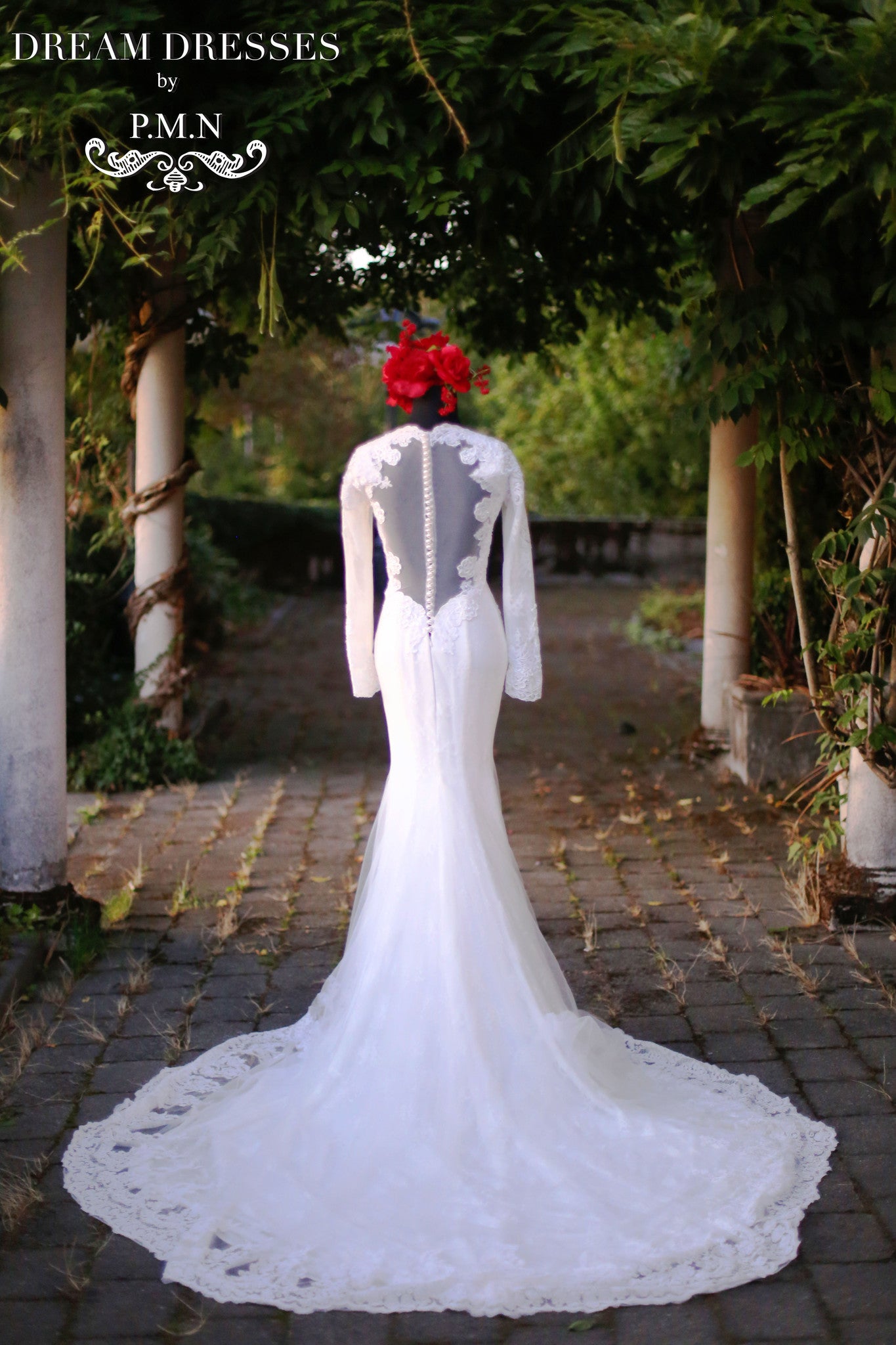 Long Sleeve Wedding Dress with Cathedral Train (Style #PB067) - Dream Dresses by P.M.N
 - 7