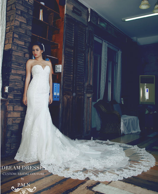 Sweetheart Strapless Wedding Dress with Three Layer Long Train (Style # MALEFICENT PB094) - Dream Dresses by P.M.N
 - 1