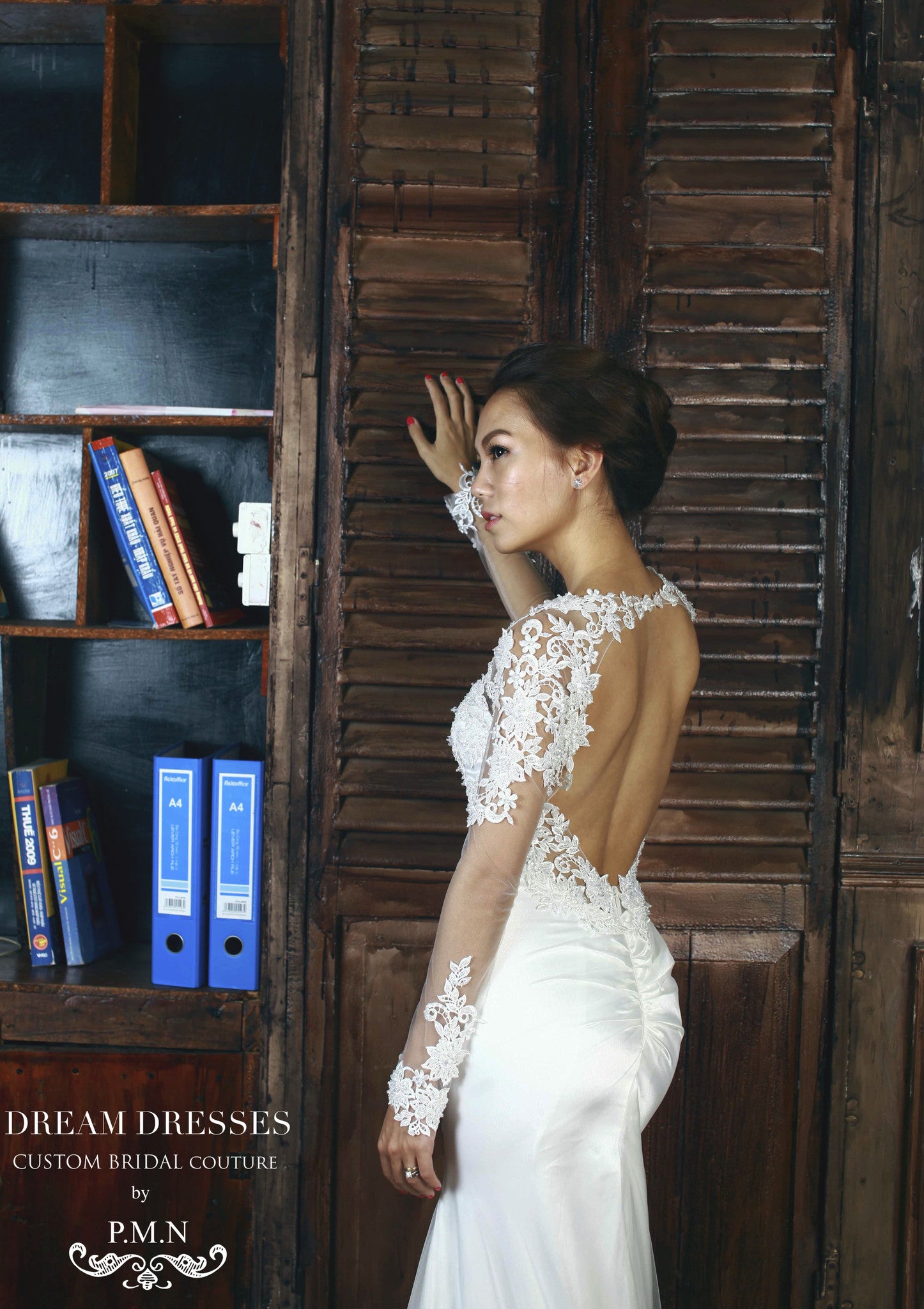 Sheer Long Sleeve Satin Wedding Dress (#PB095) - Dream Dresses by P.M.N
 - 5