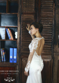 Sheer Long Sleeve Satin Wedding Dress (#PB095) - Dream Dresses by P.M.N
 - 5