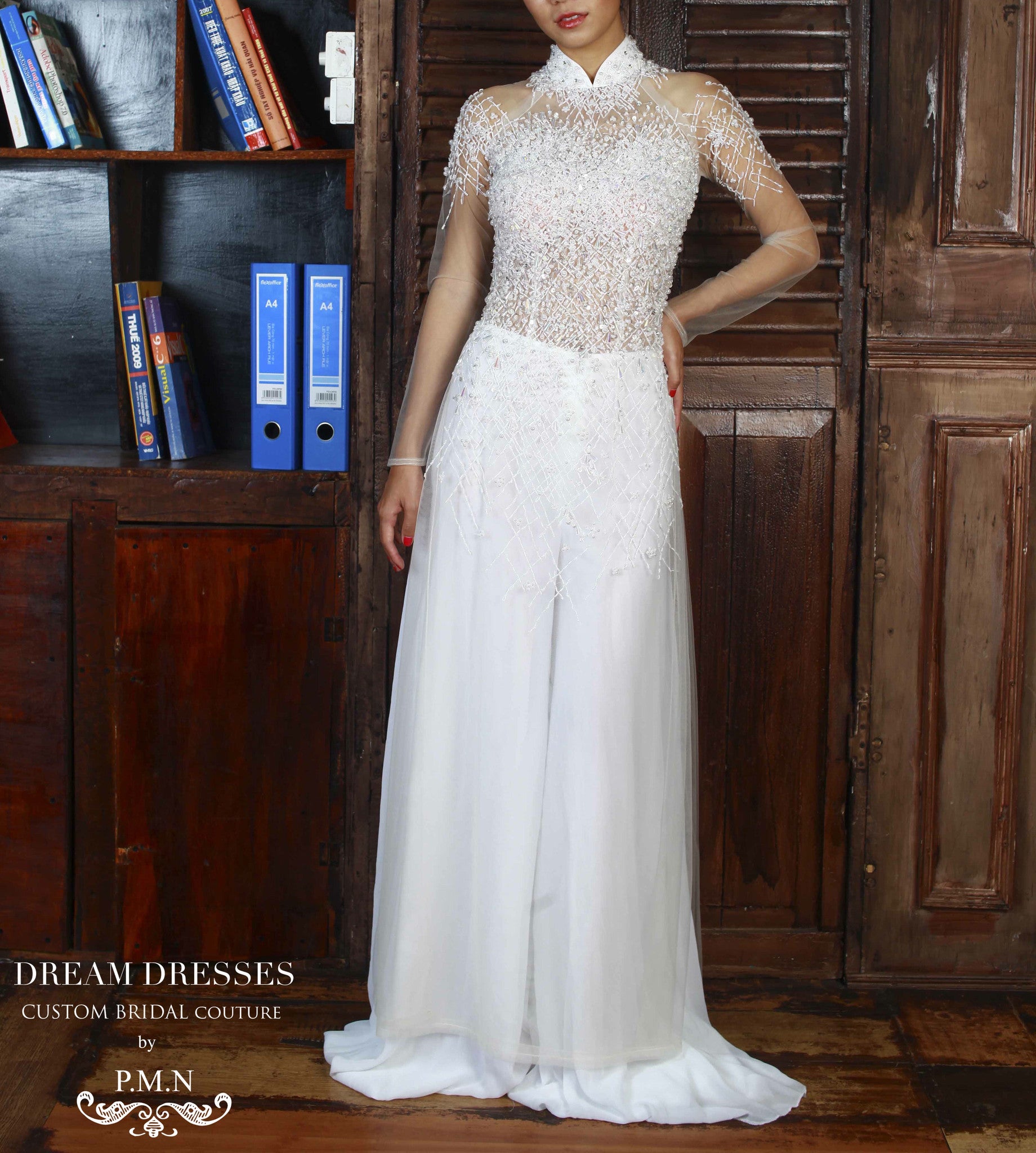 White Bridal Ao Dai | Vietnamese Bridal Dress with Hand-Beading (#ELYSE)