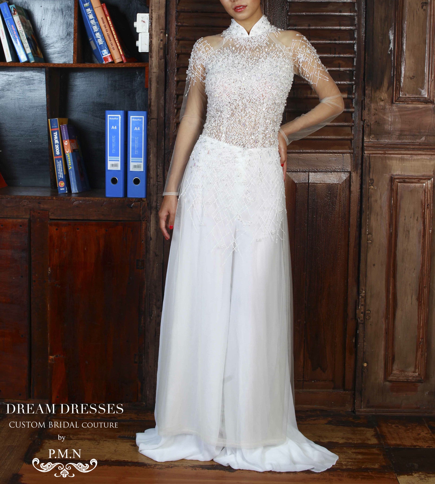 WHITE AO DAI-Vietnamese Bridal Dress with All Over Hand-Beading (#PB104) - Dream Dresses by P.M.N
 - 3