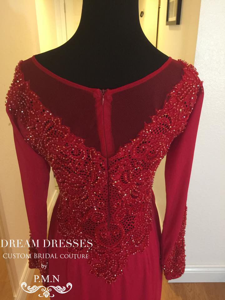 Red AO Dai-Custom Made Vietnamese Traditional Bridal Dress with All Over Hand-Beading (#PB105) - Dream Dresses by P.M.N
 - 3