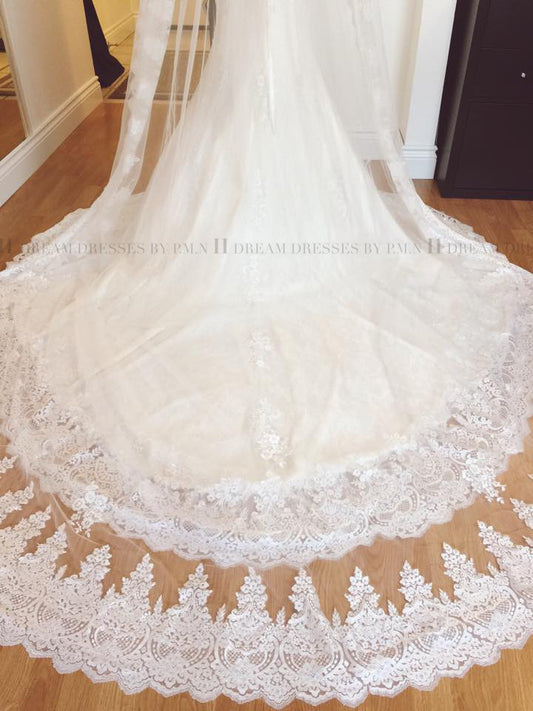 One Tier Rounded Cathedral 9.8 Ft Veil With Lace Appliqué Edge (#PB146) - Dream Dresses by P.M.N
 - 1