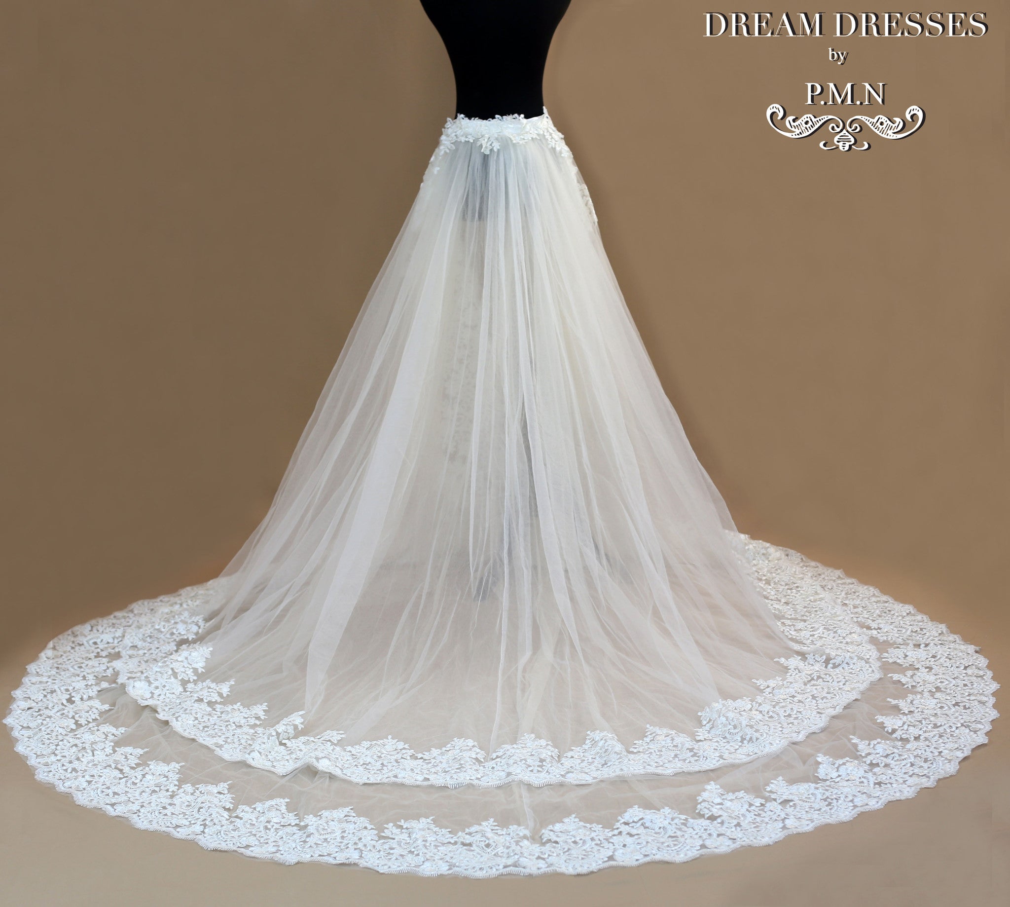 Bridal Detachable Cathedral Train With Two Layer Lace Trim (#Angie)