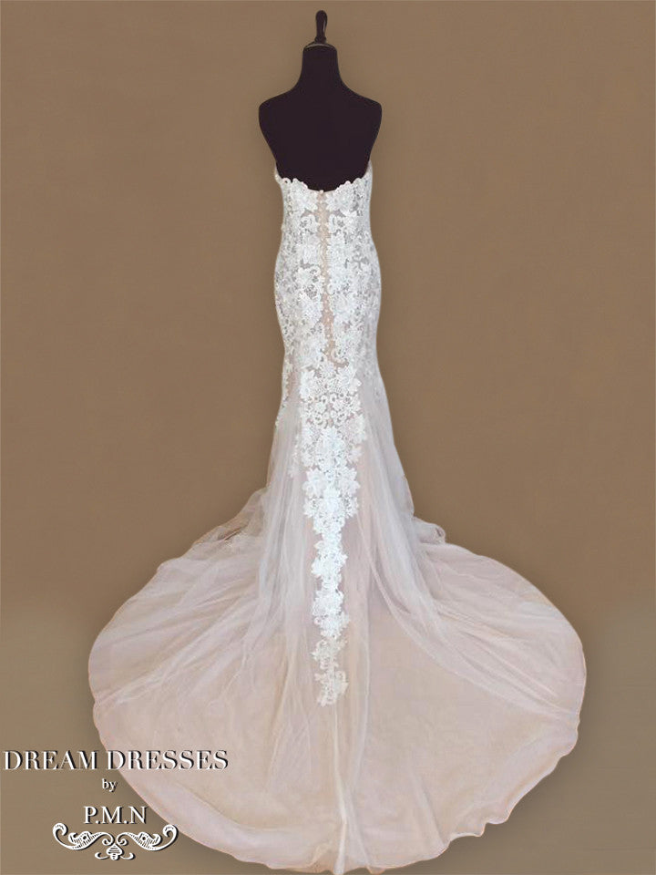 Blush Pink Ivory Sheer Wedding Dress (Style #PB154) - Dream Dresses by P.M.N
 - 5