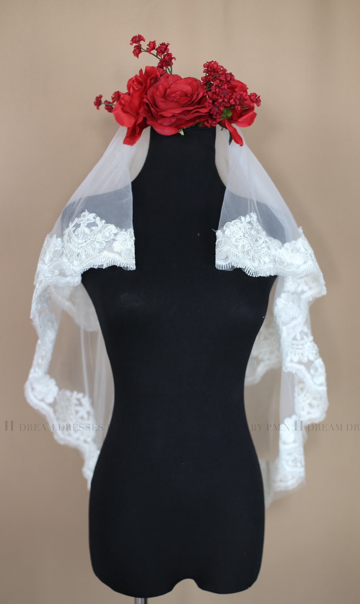 Two Tier Elbow Lace Veil With Blusher (Style # Angie PB159) - Dream Dresses by P.M.N
 - 2
