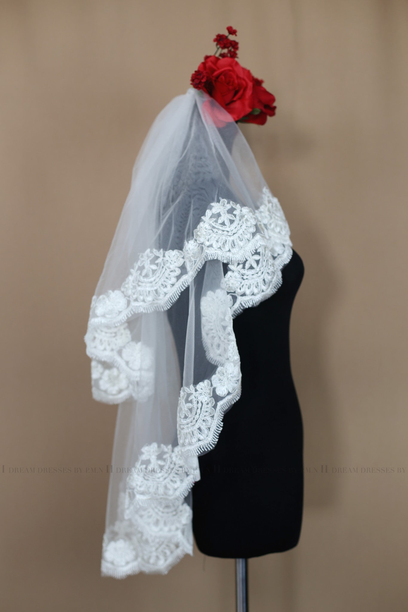 Two Tier Elbow Lace Veil With Blusher (Style # Angie PB159) - Dream Dresses by P.M.N
 - 3