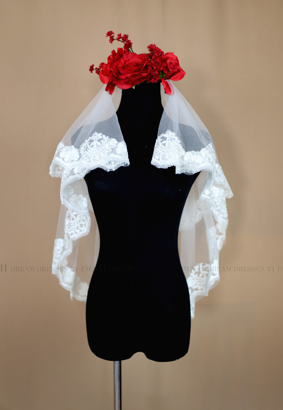 Two Tier Elbow Lace Veil With Blusher (Style # Angie PB159) - Dream Dresses by P.M.N
 - 4
