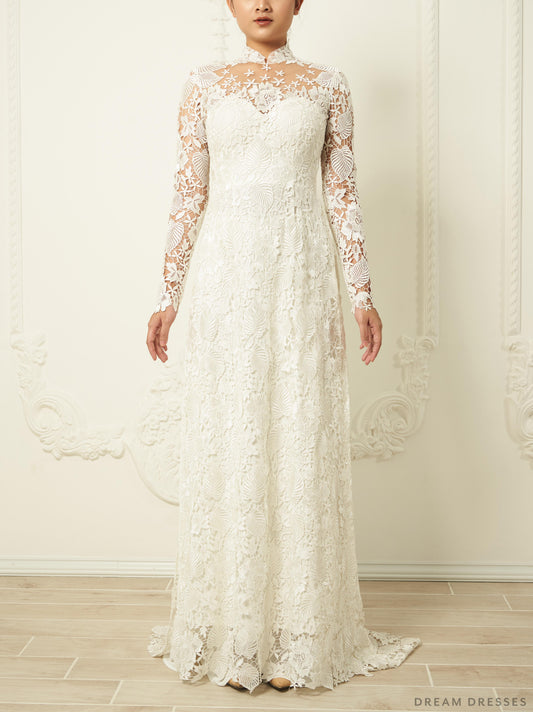 White Bridal Ao Dai | Traditional Vietnamese Lace Bridal Dress (#JAYLA) - Dream Dresses by P.M.N.