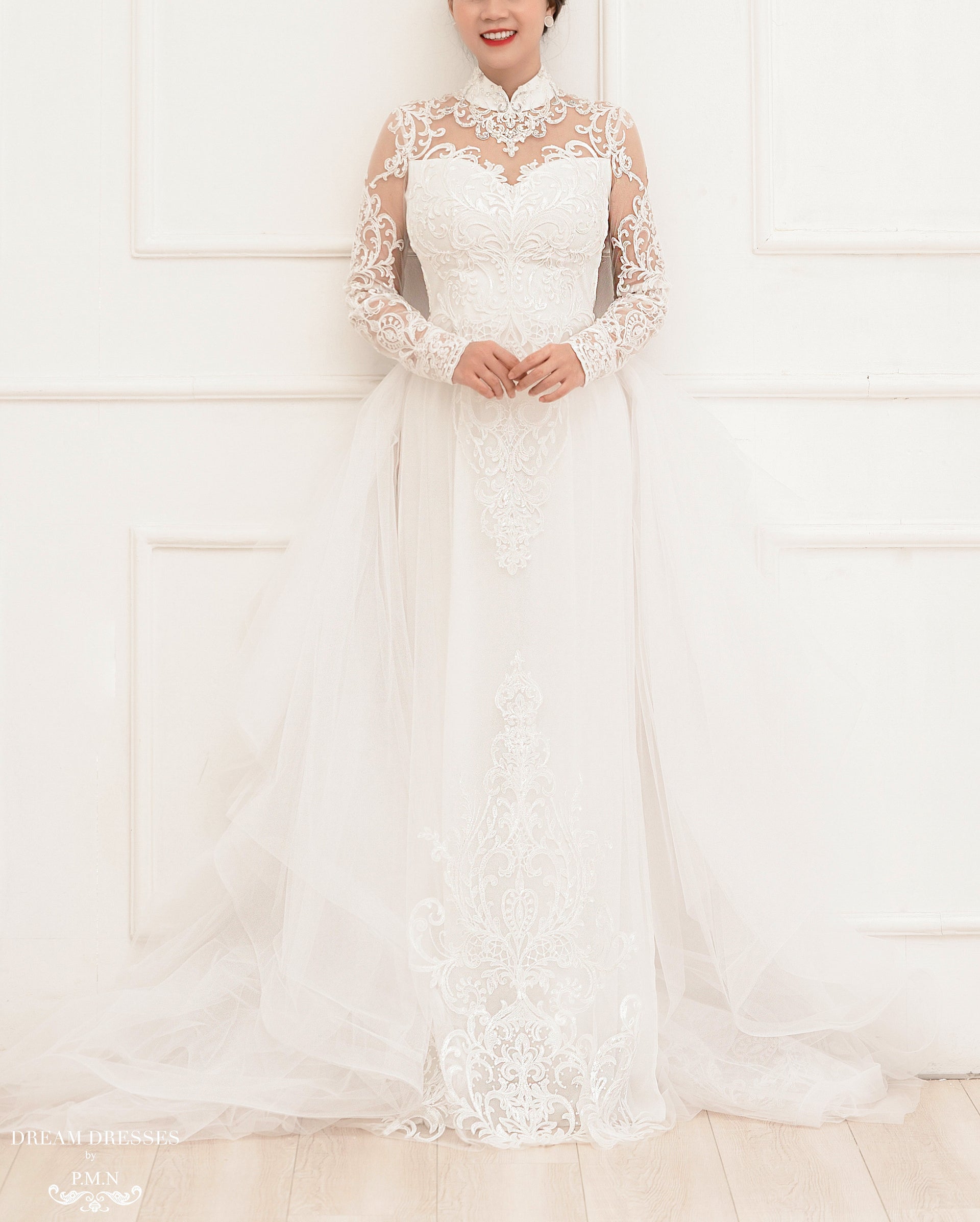 White Bridal Ao Dai | Modern Vietnamese Lace Bridal Dress (#PAIGE) - Dream Dresses by P.M.N.