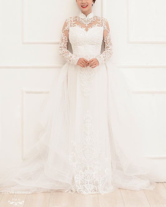 White Bridal Ao Dai | Modern Vietnamese Lace Bridal Dress (#PAIGE) - Dream Dresses by P.M.N.