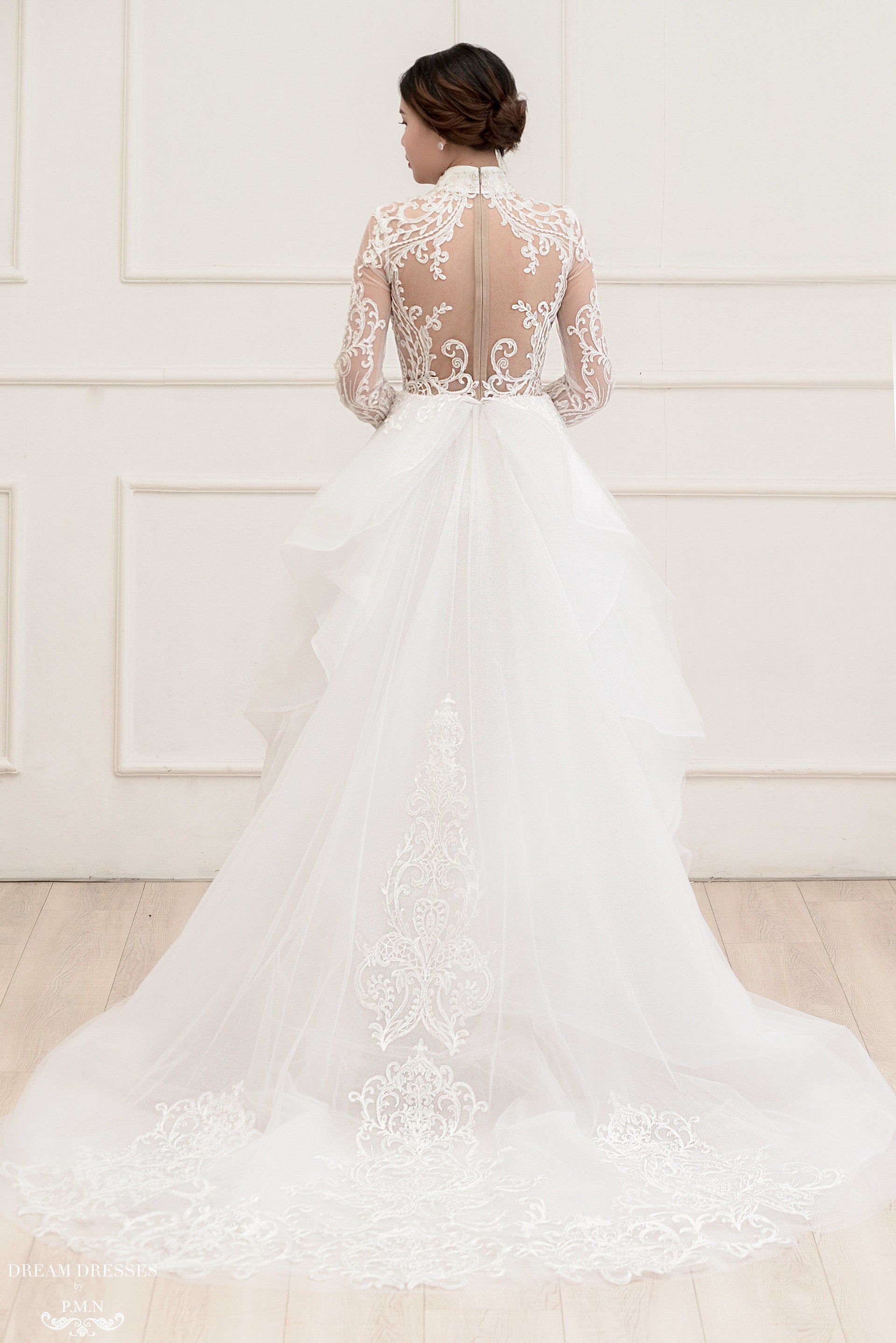 White Bridal Ao Dai | Modern Vietnamese Lace Bridal Dress (#PAIGE) - Dream Dresses by P.M.N.
