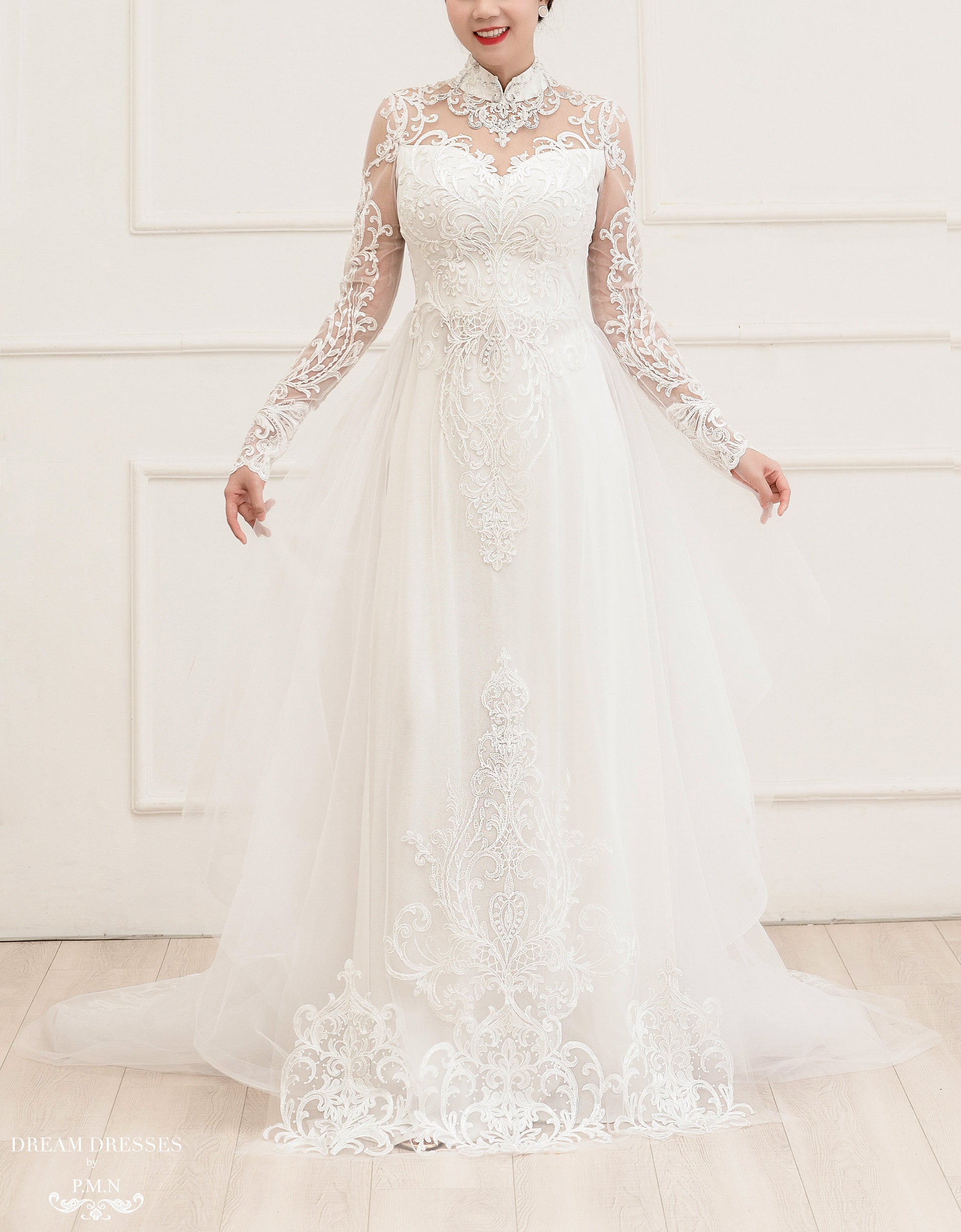 White Bridal Ao Dai | Modern Vietnamese Lace Bridal Dress (#PAIGE) - Dream Dresses by P.M.N.