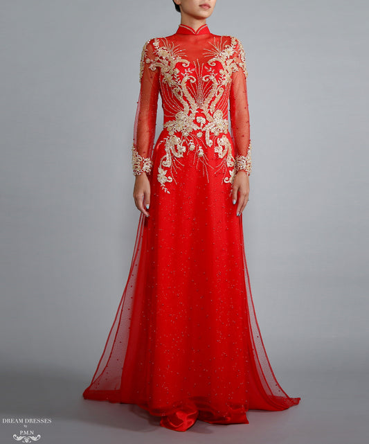 Red Ao Dai with Gold Lace | Vietnamese Lace Bridal Dress (#RAISSA) - Dream Dresses by P.M.N.