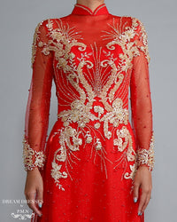 Red Ao Dai with Gold Lace | Vietnamese Lace Bridal Dress (#RAISSA) - Dream Dresses by P.M.N.