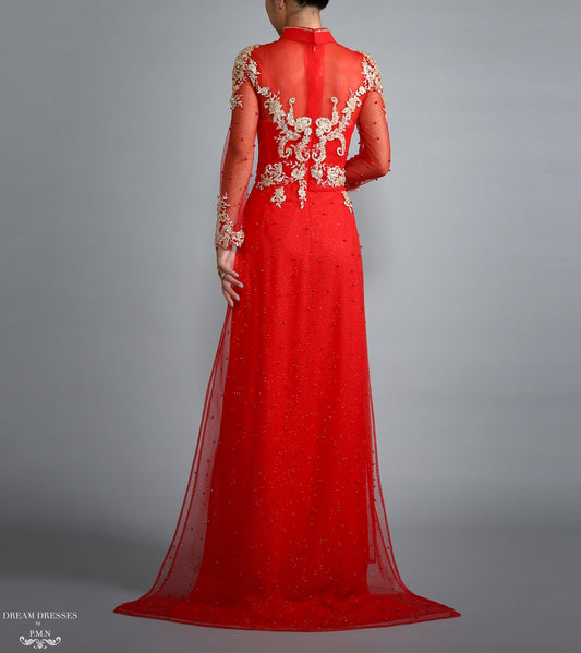 Red Ao Dai with Gold Lace | Vietnamese Lace Bridal Dress (#RAISSA) - Dream Dresses by P.M.N.