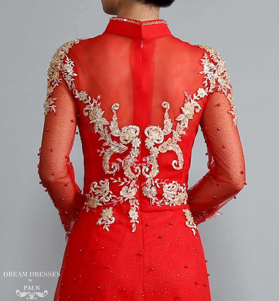 Red Ao Dai with Gold Lace | Vietnamese Lace Bridal Dress (#RAISSA)