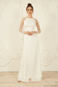 White Bridal Ao Dai | Long Sleeves Vietnamese Bridal Dress (#ROSETA) - Dream Dresses by P.M.N.