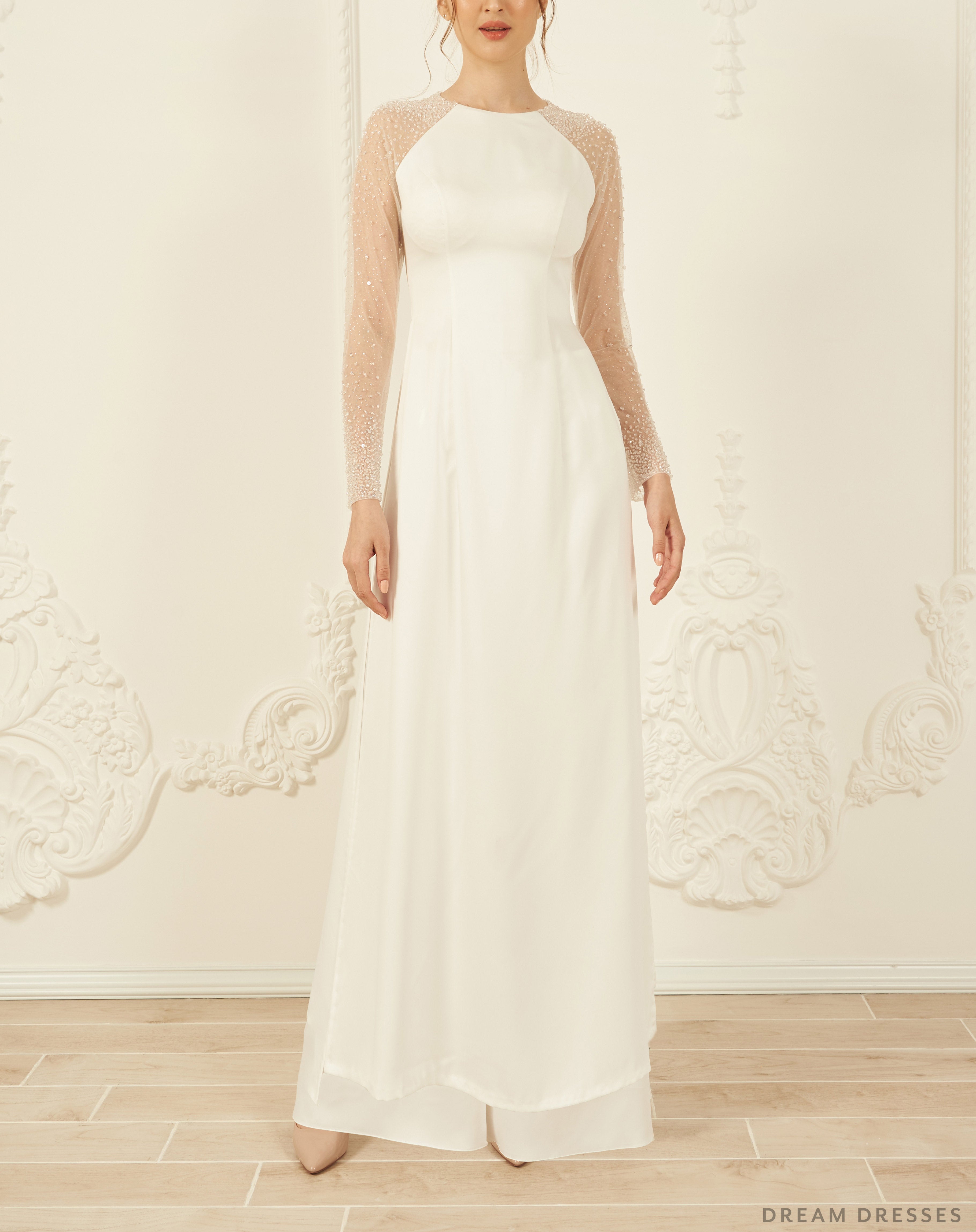 White Bridal Ao Dai | Long Sleeves Vietnamese Bridal Dress (#ROSETA)