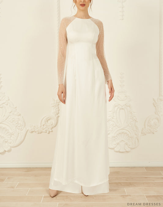 White Bridal Ao Dai | Long Sleeves Vietnamese Bridal Dress (#ROSETA) - Dream Dresses by P.M.N.