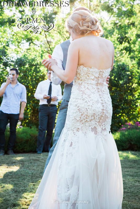 Blush Pink Ivory Sheer Wedding Dress (Style #PB154) - Dream Dresses by P.M.N
 - 1