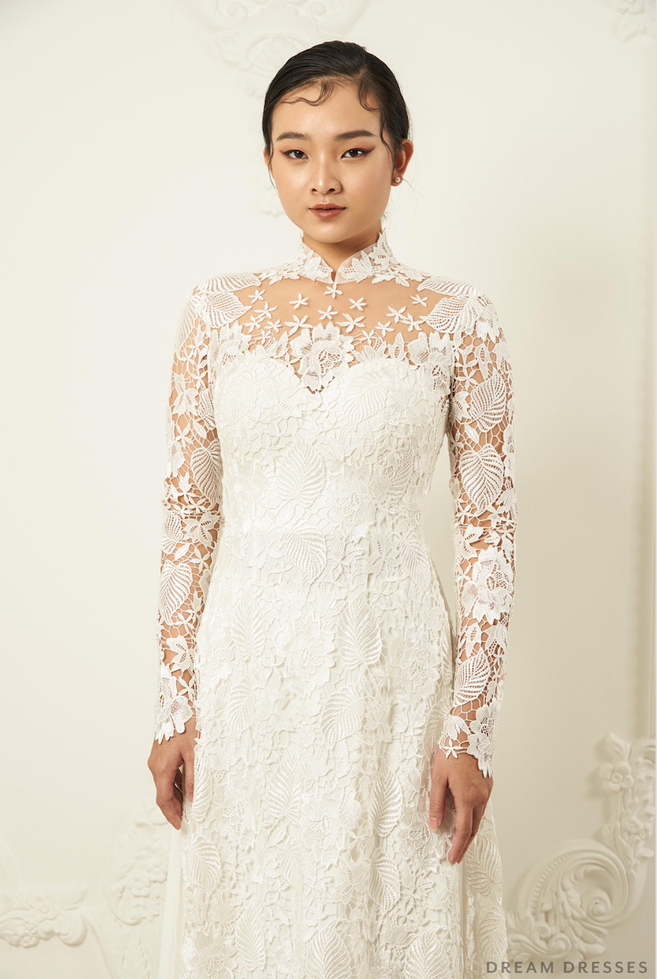 White Bridal Ao Dai | Traditional Vietnamese Lace Bridal Dress (#JAYLA) - Dream Dresses by P.M.N.