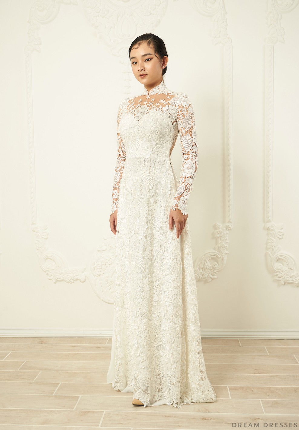 White Bridal Ao Dai | Traditional Vietnamese Lace Bridal Dress (#JAYLA)