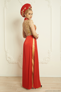 Red Bridal Ao Dai | Embellished Vietnamese Silk Bridal Dress (#NAYA) - Dream Dresses by P.M.N.