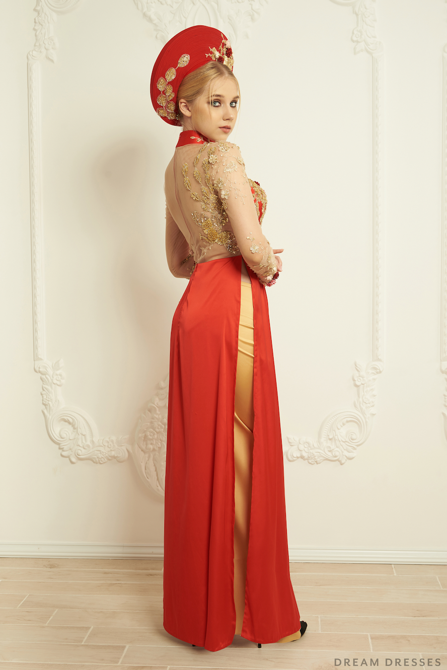 Red Bridal Ao Dai | Embellished Vietnamese Silk Bridal Dress (#NAYA) - Dream Dresses by P.M.N.