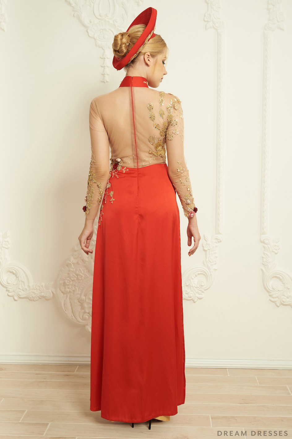 Red Bridal Ao Dai | Embellished Vietnamese Silk Bridal Dress (#NAYA) - Dream Dresses by P.M.N.