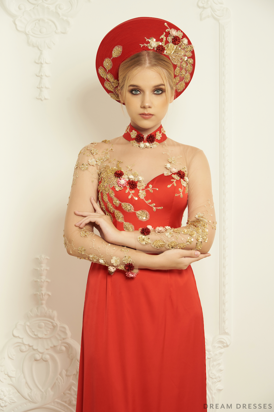 Red Bridal Ao Dai | Embellished Vietnamese Silk Bridal Dress (#NAYA)