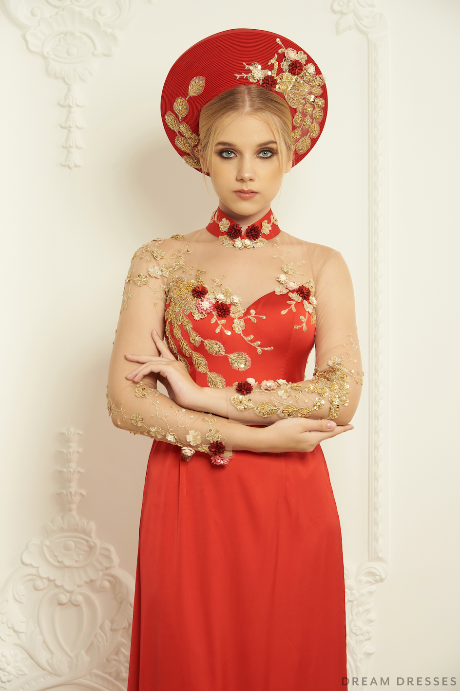 Red Bridal Ao Dai | Embellished Vietnamese Silk Bridal Dress (#NAYA) - Dream Dresses by P.M.N.