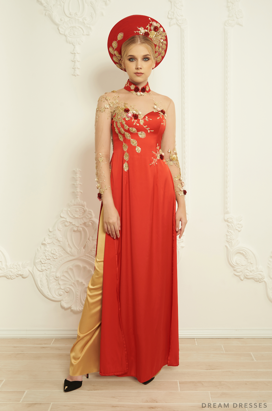 Red Bridal Ao Dai | Embellished Vietnamese Silk Bridal Dress (#NAYA)