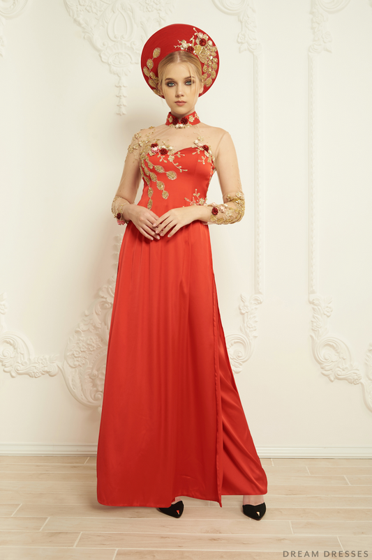 Red Bridal Ao Dai | Embellished Vietnamese Silk Bridal Dress (#NAYA) - Dream Dresses by P.M.N.