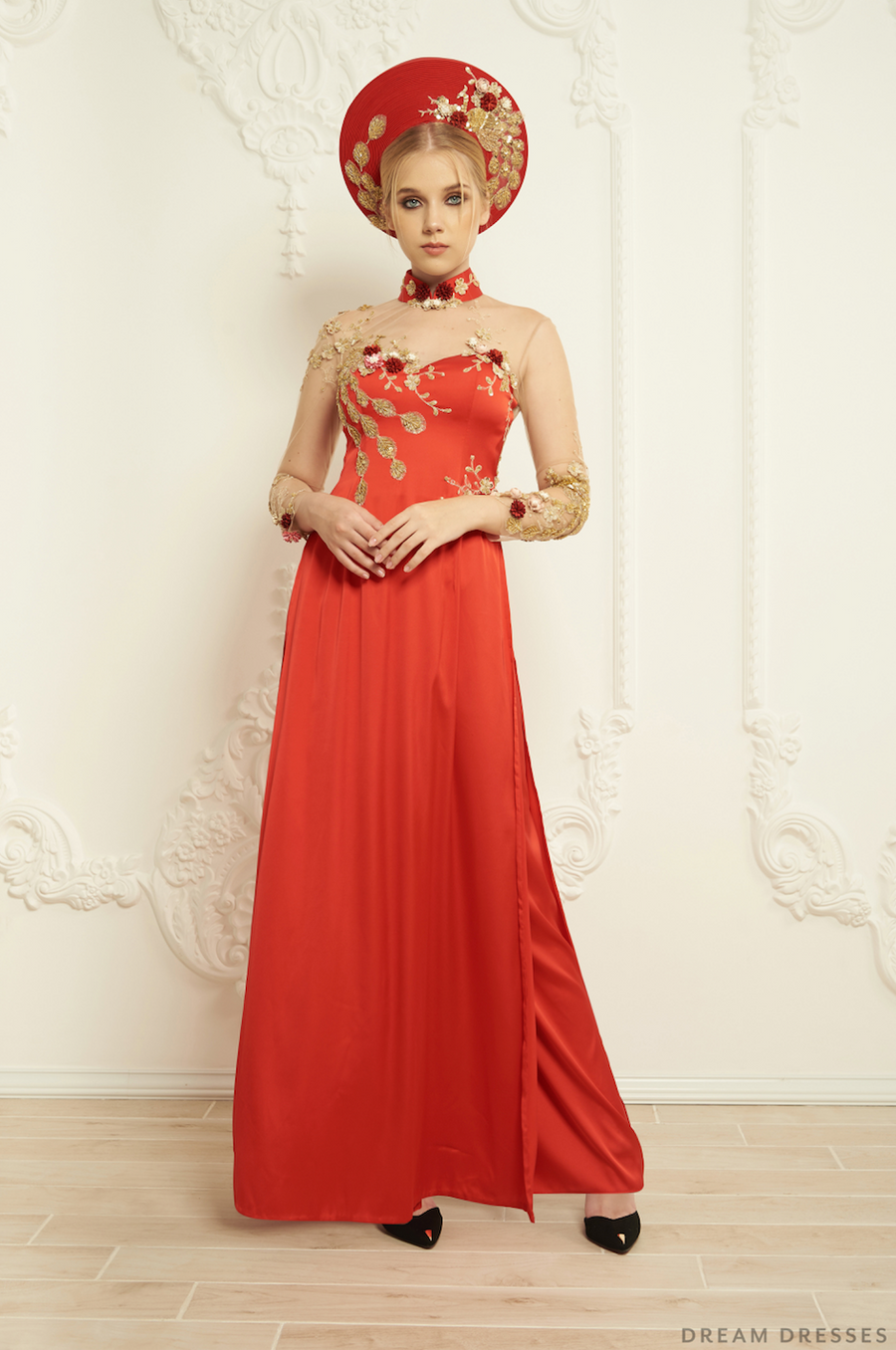 Red Bridal Ao Dai | Embellished Vietnamese Silk Bridal Dress (#NAYA) - Dream Dresses by P.M.N.