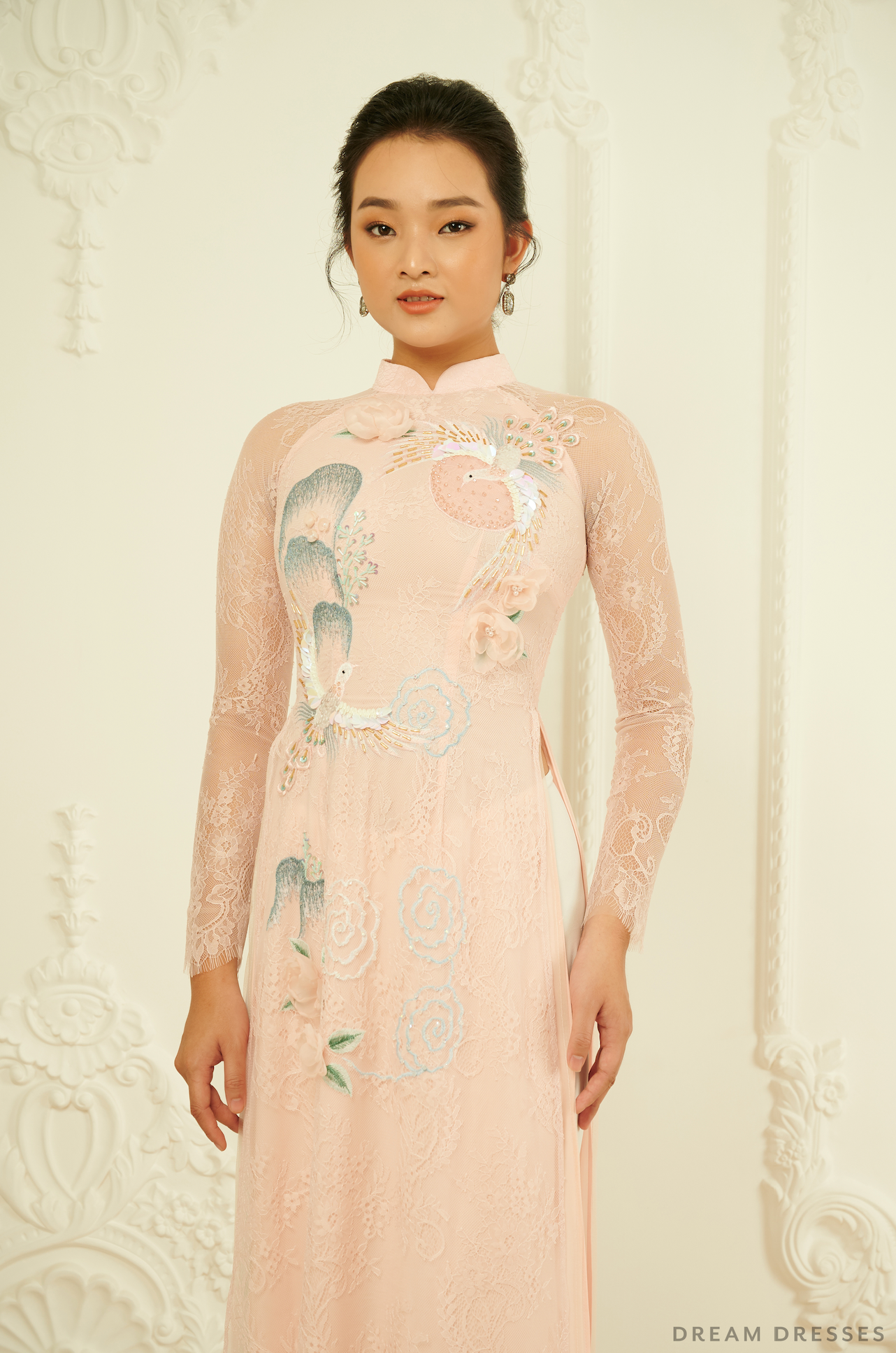 DreamDress By PMN Maya Vietnamese Wedding Dress Tall Collar Wedding Dress Gown Front Decorative Embroidery Blush Pink Chiffon Pants | Size: Custom DreamDress By PMN Maya Vietnamese Wedding Dress Tall Collar Wedding Dress Gown Front Decorative Embroidery Blush Pink Chiffon Pants | Size: Custom