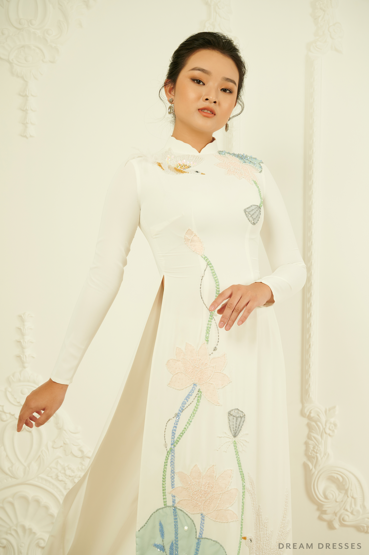 White Bridal Ao Dai | Traditional Vietnamese Bridal Dress (#VIOLA) - Dream Dresses by P.M.N.