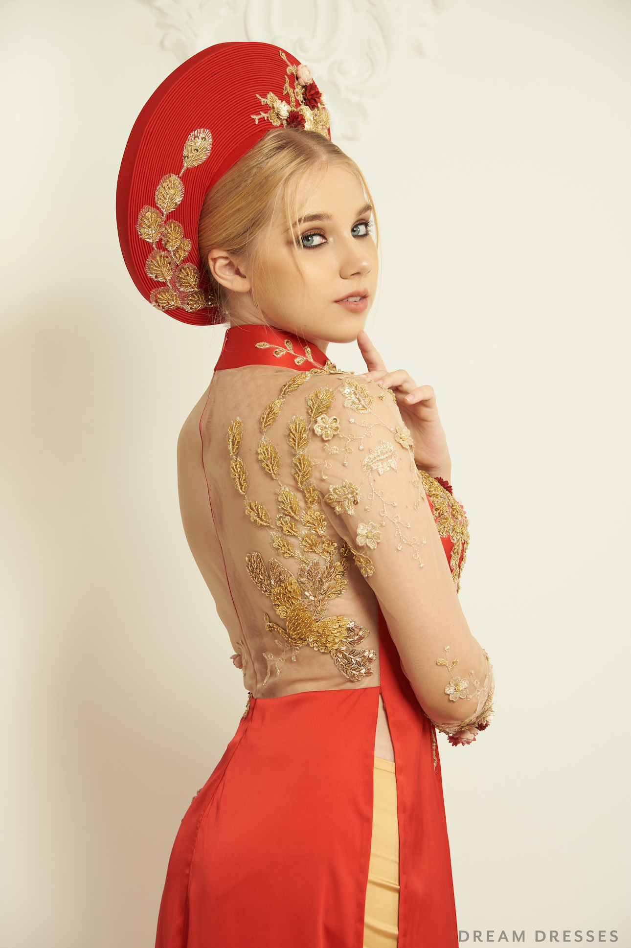 Red and Gold Ao Dai Hat | Vietnamese Bridal Hat (#GIOIA) - Dream Dresses by P.M.N.