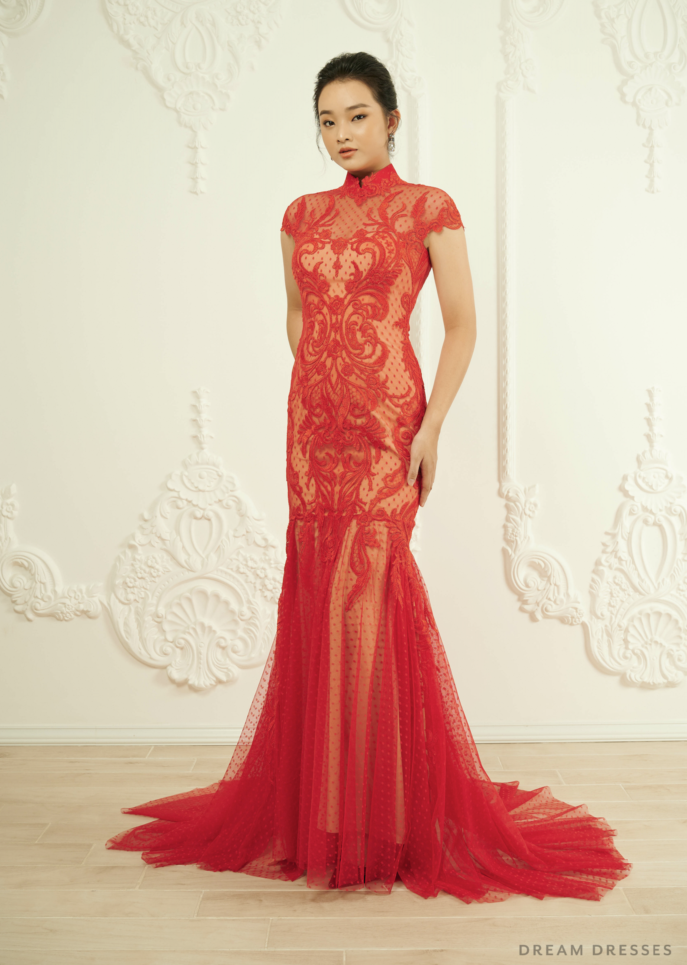 DreamDress By PMN Yanlin Mermaid Wedding Dress Gown Mandarin Collar Lining Chapel Cap Sleeves | Size: Custom DreamDress By PMN Yanlin Mermaid Wedding Dress Gown Mandarin Collar Lining Chapel Cap Sleeves | Size: Custom