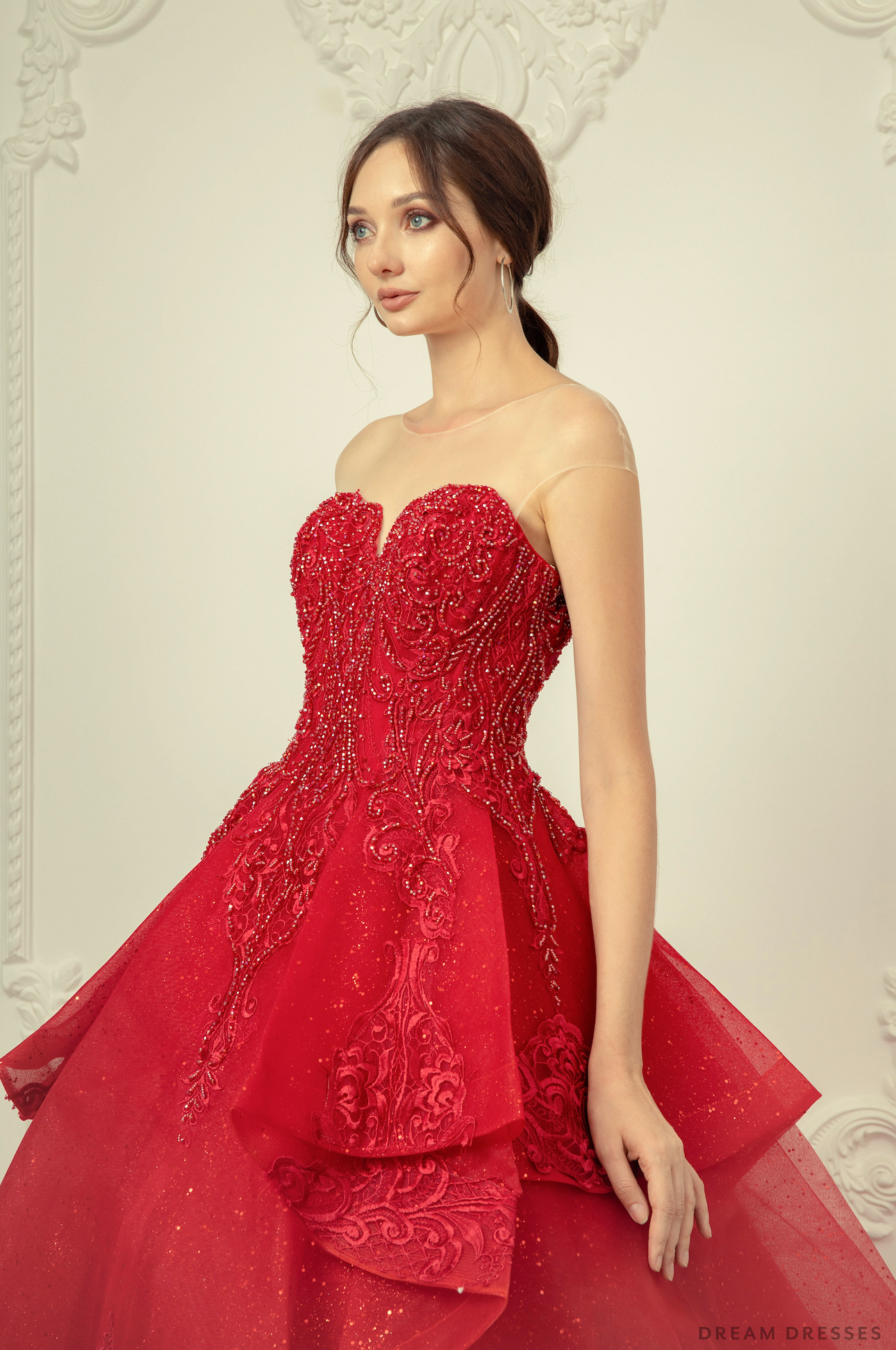red ball dresses Strapless Tiered Ruffled Prom Sweetheart Tulle Gown A Viniodress Line Style Dress Red Ball Gown Wedding Dress
