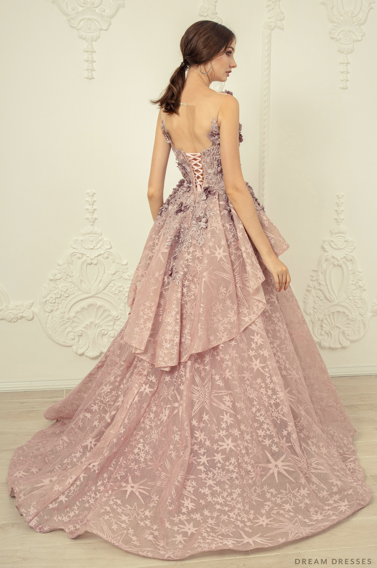 DreamDress By PMN Beronia A-Line Wedding Dress Gown V-Neck Illusion Keyhole Back Floral Embellised Beaded Lace Corset Bodice Chapel