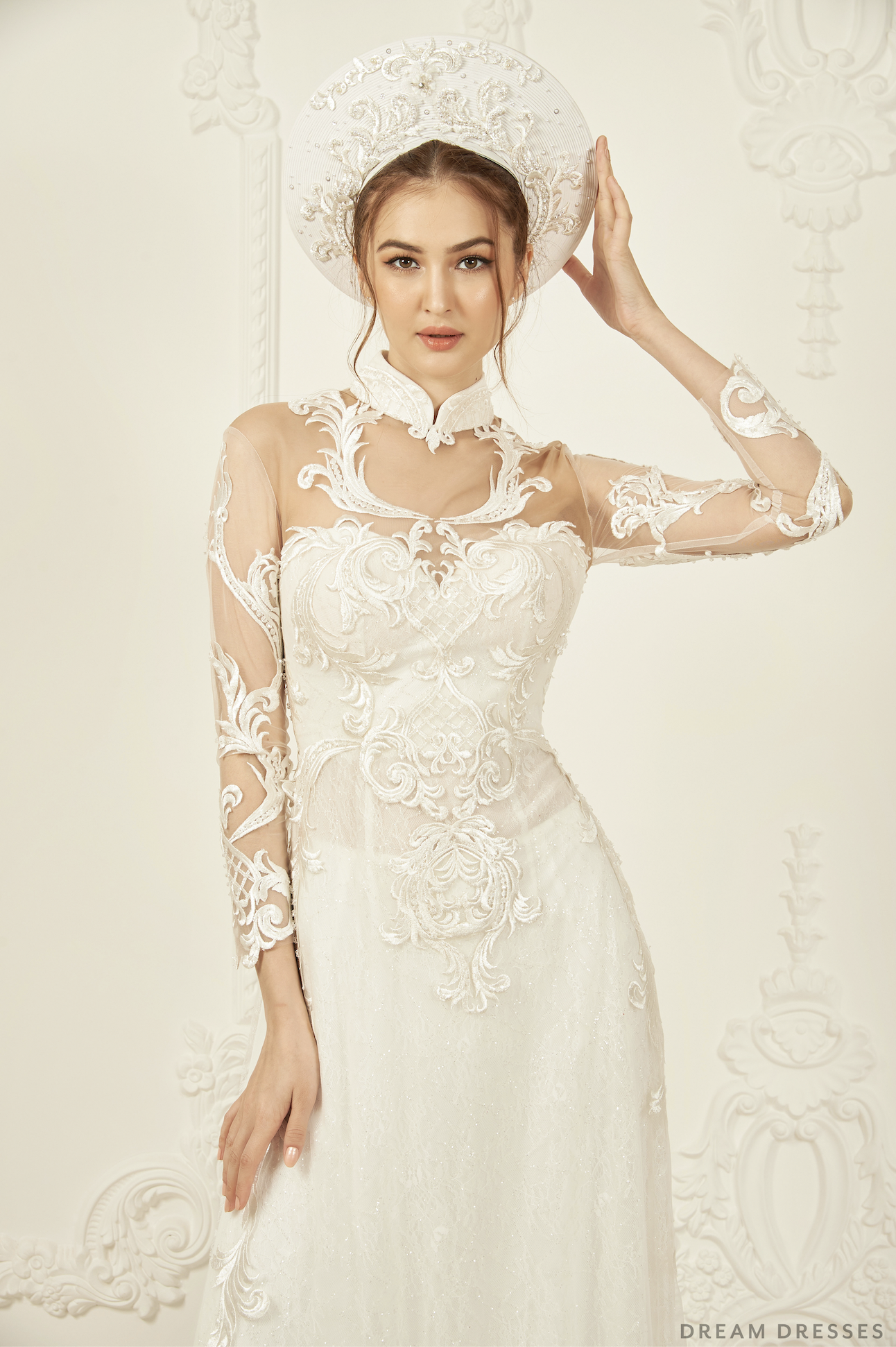 White Ao Dai Hat | Vietnamese Bridal Hat (#LIA) - Dream Dresses by P.M.N.