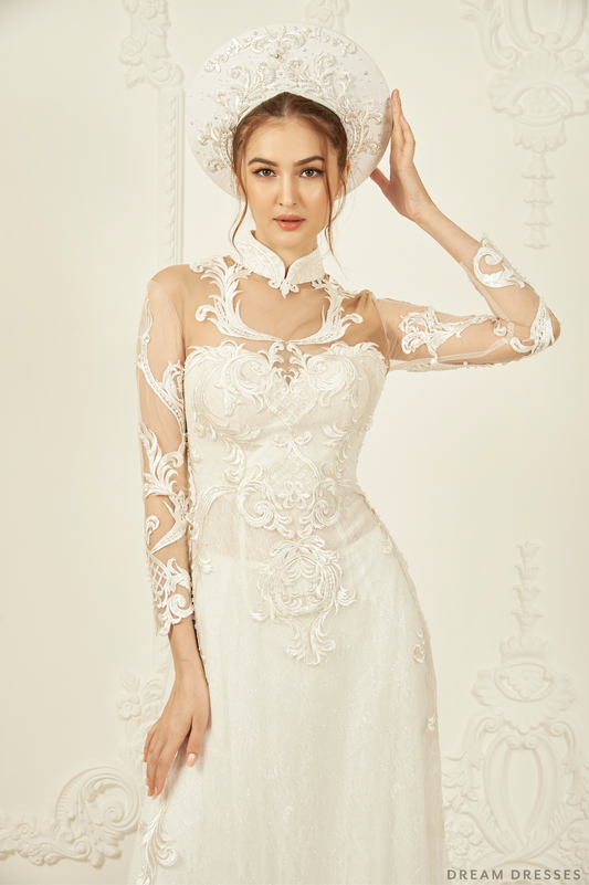 White Ao Dai Hat | Vietnamese Bridal Hat (#LIA) - Dream Dresses by P.M.N.