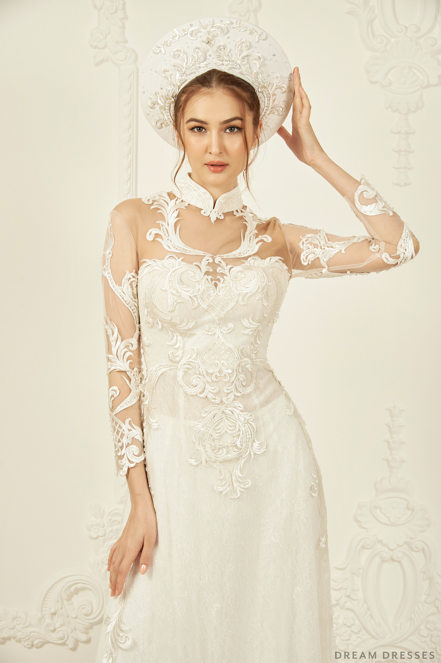 White Ao Dai Hat | Vietnamese Bridal Hat (#LIA) - Dream Dresses by P.M.N.